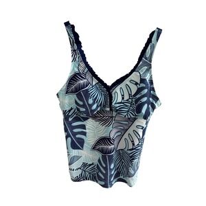 ZeroXposur Womens Tropical Leaf Print Tankini Top Blue White Ruffle Trim XL NWT